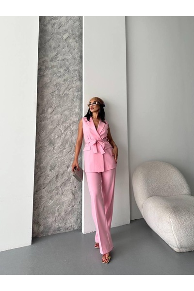 Ekim Store Düğmeli Kuşaklı Yelekli Pantolonlu İkili Blazer Takım
