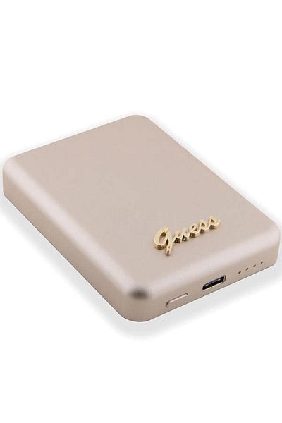 Guess Guess Metal Script Logo MagSafe Wireless External Battery, Aluminum/Silicon, 3000mAh (Gold)