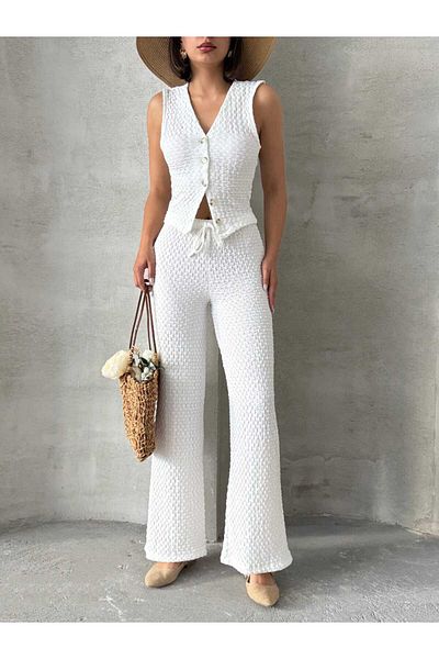 Brood Women's Seersucker Fabric V-Neck Vest - Palazzo Pants Set