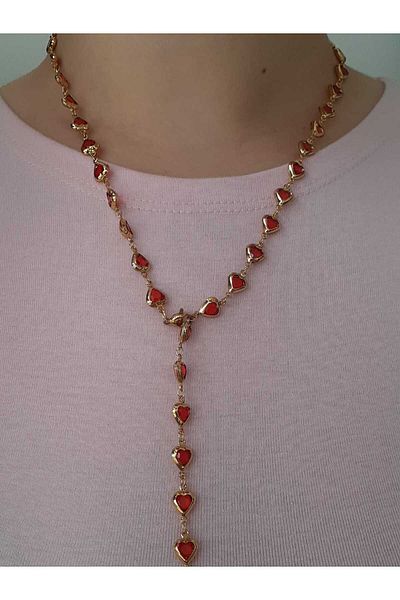 bijoux uniques Steel Gold Red Heart Y Necklace