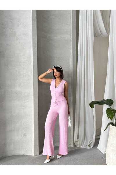 Brood Γυναικείο γιλέκο με λαιμόκοψη από ύφασμα Seersucker - Σετ παντελονιού Palazzo