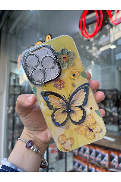 OVADA İPhone 15 PRO Uyumlu Simli Kamera Korumalı Çiçek Desenli Taşlı Hologramlı Lüks Kılıf