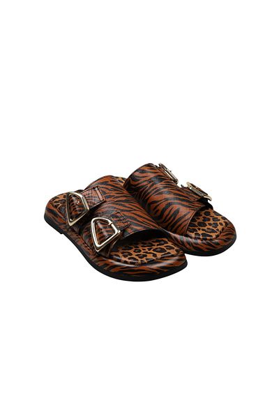 Lady Mia Elera Genuine Leather Women's Slippers with Buckle Detail