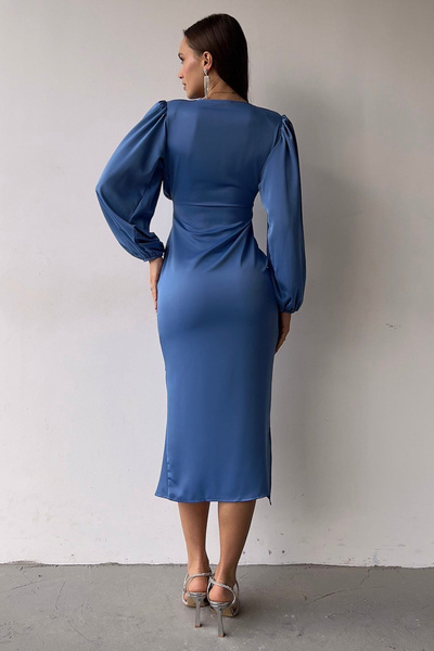 thezkscom Γυναικείο φόρεμα Indigo Satin Draped Slit Λεπτομερές μανίκι με μπαλόνι σε μεγάλο μέγεθος