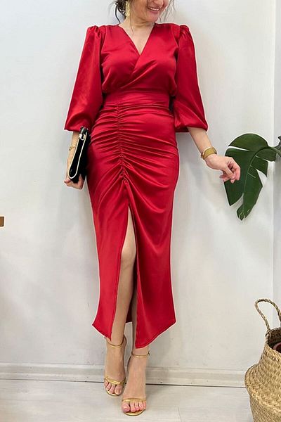 thezkscom Women's Red Satin Draped Slit Detailed Balloon Sleeve Dress