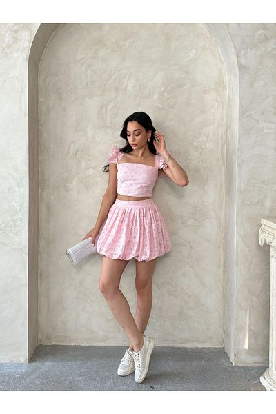 Ekim Store Bluză din dantelă cu detaliu Fisto, pantaloni scurți, fustă, set din două piese