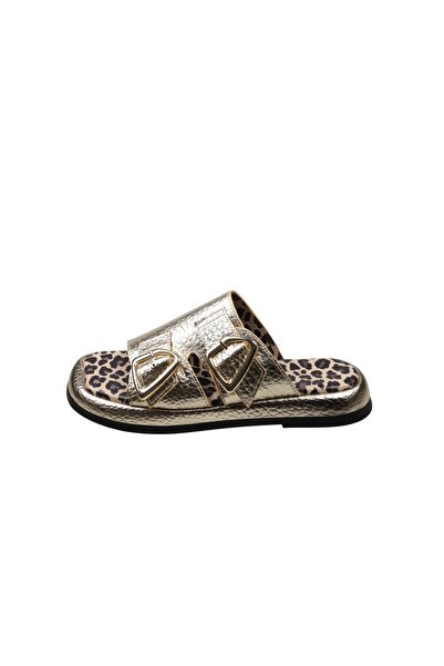 Lady Mia Elera Genuine Leather Women's Slippers with Buckle Detail