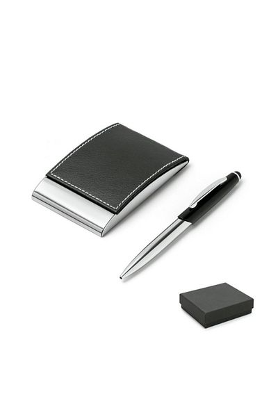 dalimag Set suport carti de vizita metalic cu piele si pix metalic touchscreen Dalimag