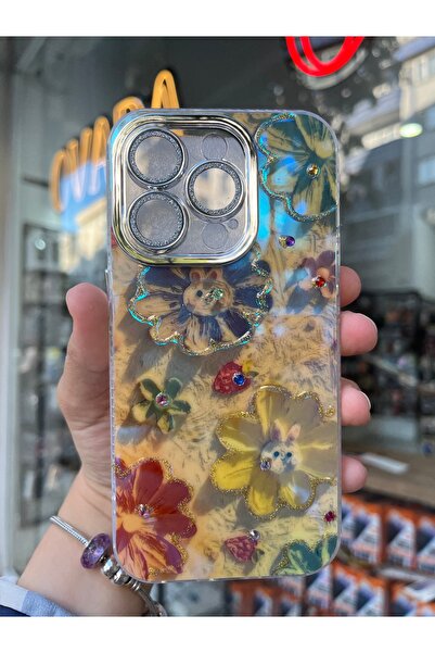 OVADA İPhone 15 PRO Uyumlu Simli Kamera Korumalı Çiçek Desenli Taşlı Hologram...