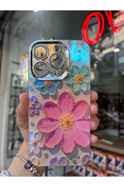 OVADA İPhone 15 PRO Uyumlu Simli Kamera Korumalı Çiçek Desenli Taşlı Hologram...