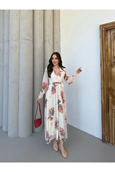 Anna Moda Mini Güllü Kruvaze Yaka Astarlı Şifon Elbise