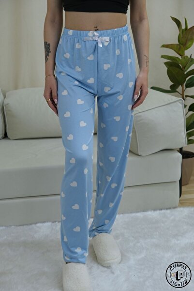 Pijamia Blue Heart Patterned Long Women's Pajama Bottoms