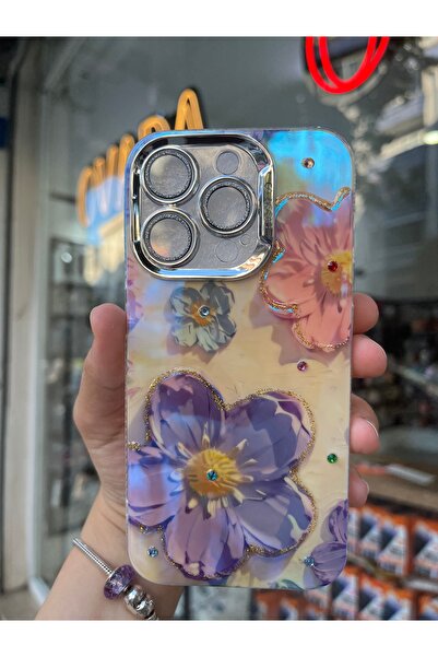 OVADA İPhone 15 PRO Uyumlu Simli Kamera Korumalı Çiçek Desenli Taşlı Hologramlı Lüks Kılıf