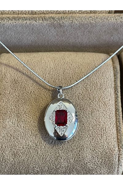 Rupen Kraft 316 L Surgical Steel Red Zircon Shiny Stone Steel Locket Necklace
