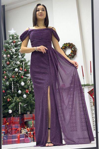 thezkscom Strap Off Shoulder Slit Detail Evening Dress Gold, Navy Blue, Black, Purple, Lilac, Emerald Green, Rose K