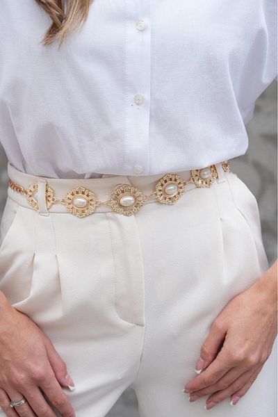 MODAM HİFA Pearl Detailed Chain Belt Women's Belt Dress Belt Shirt Belt Coat Belt