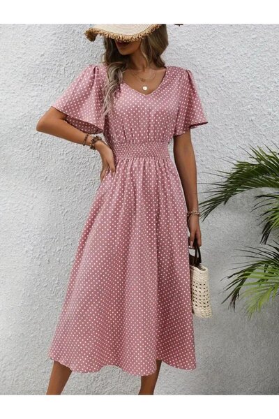 Moda Monisa Rochie midi pentru femei cu mâneci scurte cu buline - decolteu în...