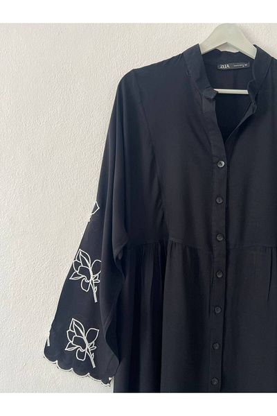 BeyzaBayram Women's Sleeves Embroidered Buttoned Hijab Viscose Dress Black