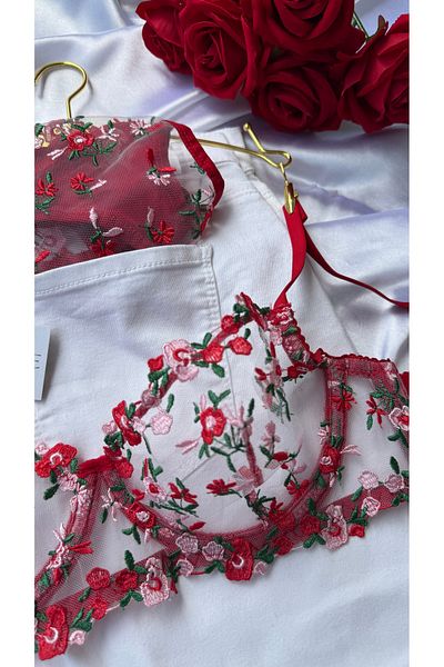 DUALANCE Marla Flower Floral Patterned Underwire Uncovered Brode Bra Set