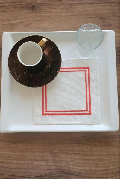 Çeyiz Diyarı طقم أكواب مربعة من الكتان المطرز باللون الأحمر مكون من 6 قطع