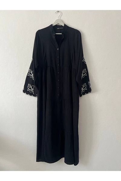 BeyzaBayram Women's Sleeves Embroidered Buttoned Hijab Viscose Dress Black