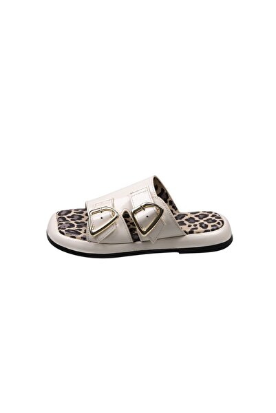 Lady Mia Elera Genuine Leather Women's Slippers with Buckle Detail