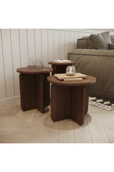 Misinko Tirenel Zigon Sehpa | 3 Parça - Ceviz Renkli