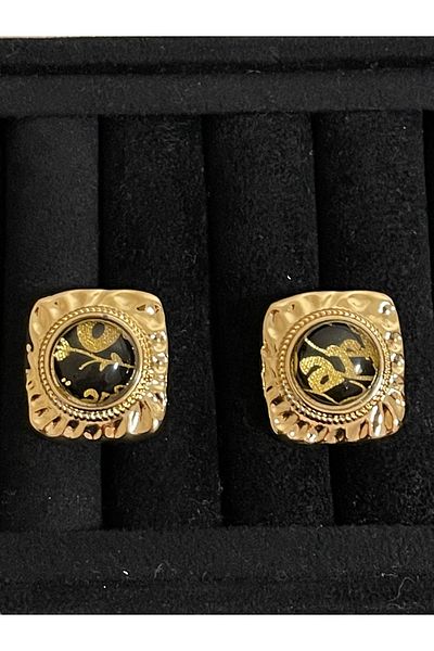 Rupen Kraft Black Stone Embroidered Design Earrings in Gold Color
