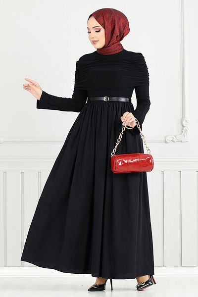 ModaMerve Drape Detail Hijab Dress 2421Ant904-M Black