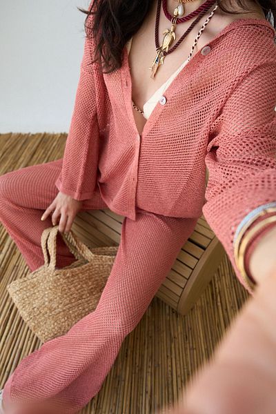 Hazinedan Copper Polo Collar Buttoned Blouse - Openwork Alaçatı Trousers Set