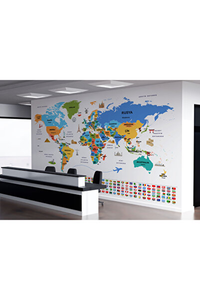 PAMUK'S DESİGN Türkçe Dünya Haritası Ülke Bayrak ve Başkentli Duvar Kağıdı-1966