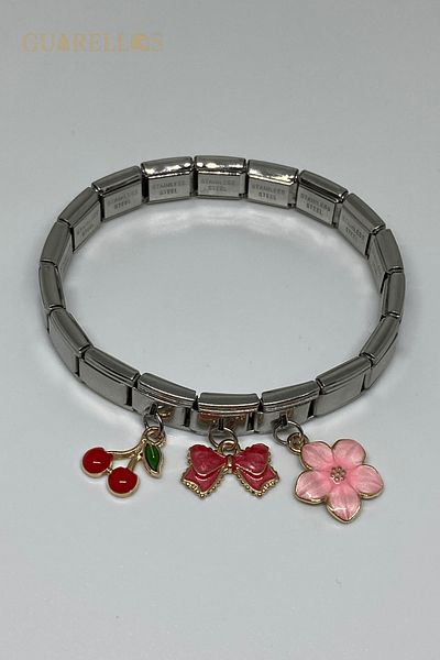Guarellos Steel Italian Charm Bracelet with Cherry, Ribbon and Sakura Flower Charm Gift – Guarellos