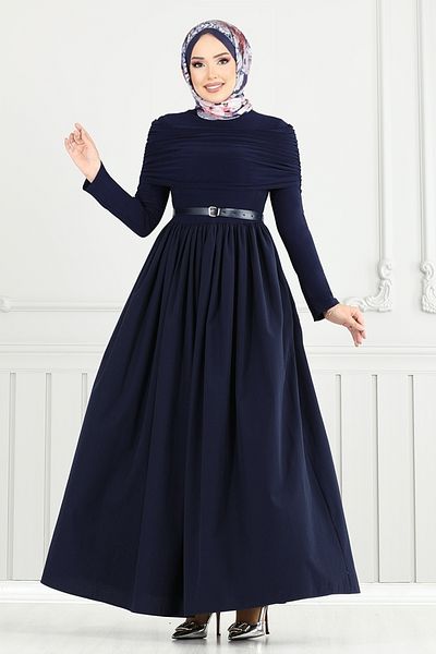 ModaMerve Drape Detail Hijab Dress 2421Ant904-M Navy