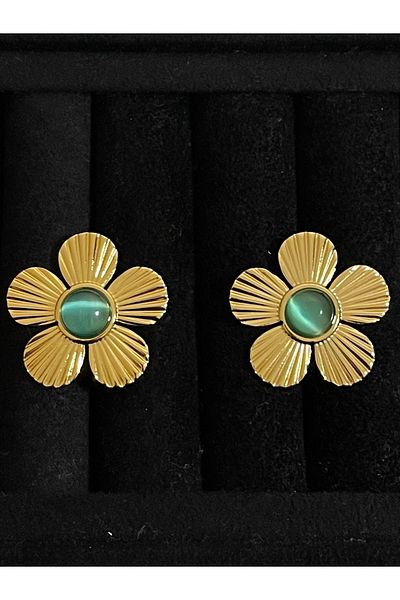 Rupen Kraft 316 L Surgical Steel Stainless Tarnish Free Green Stone Steel Flower Earrings