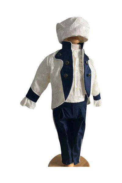 OEM Costum de botez print Nicolas cu broderie, 4 piese , Bleumarin , 0- 3 luni