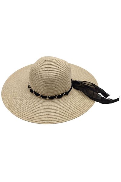 AXE SPORTSWEAR Women's Beige Color Summer Hat with Chain and Chiffon Ribbon Detail Summer Fedora Straw Beach Hat Beach Hat