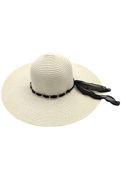 AXE SPORTSWEAR Women's Cream Color Summer Hat with Chain and Chiffon Ribbon Detail Summer Fedora Straw Beach Hat Beach Hat