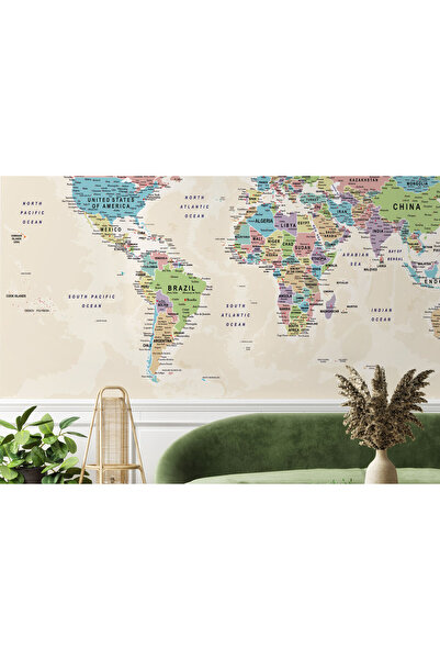 PAMUK'S DESİGN Dünya Haritası Duvar Kağıdı Detaylı Ülke ve Başkentli İngilizc...