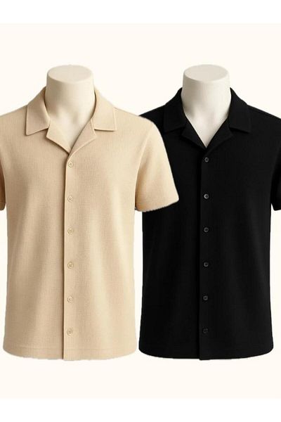 LC Waikiki 2-Piece Advantageous Waffle Fabric Iron-Free Short-Sleeved Button-Up Summer Premium Men's Shirt