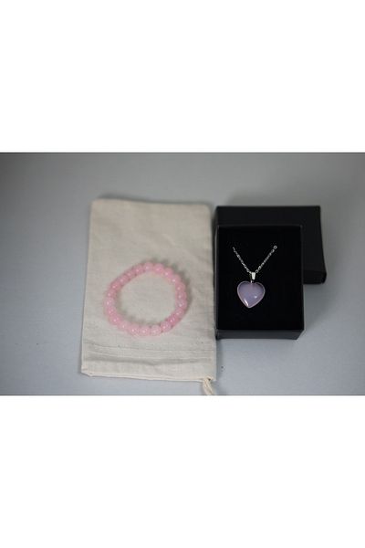 Efulim Hediyelik Pink Quartz Set, Handmade Natural Stone Bracelet and Heart Necklace, Love Energy, Gift Jewelry