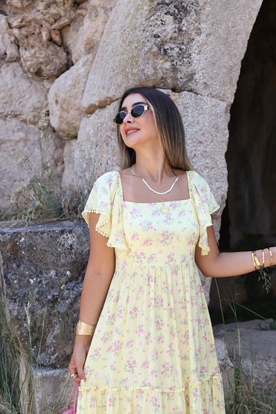 bytugcekaya Rochie Midi Florală Galben Roz