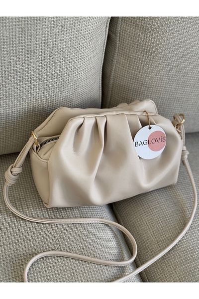 BAGLOVİS Soft Leather Textured Cream Women's Shoulder Bag with Zipper and Snap Closure En25 Boy15