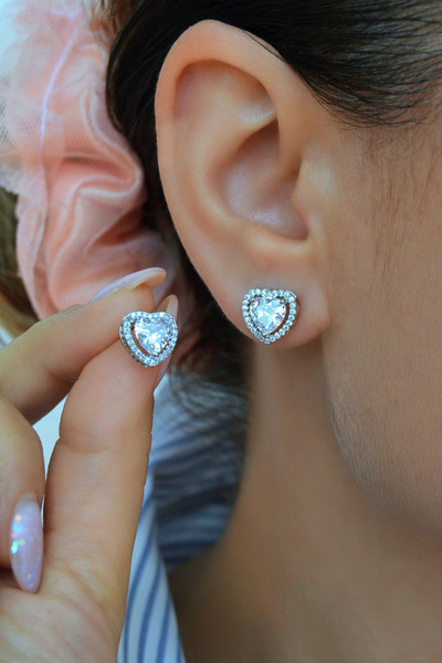 Mu Minamu Zirkon Taşlı Kalp Küpe Kalp Model Küpe