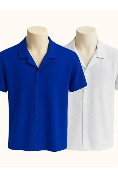 LC Waikiki 2-Piece Advantageous Waffle Fabric Iron-Free Short-Sleeved Button-Up Summer Premium Men's Shirt