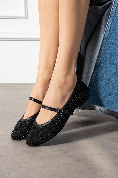 ShoeTek Gayz Women's Ballerina Ballerina Front Strap Full Stone Black