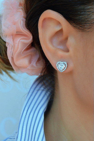 Mu Minamu Zirkon Taşlı Kalp Küpe Kalp Model Küpe