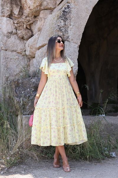 bytugcekaya Rochie Midi Florală Galben Roz