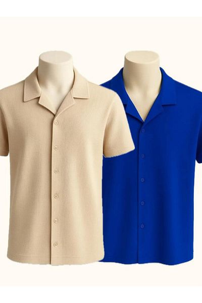 LC Waikiki 2-Piece Advantageous Waffle Fabric Iron-Free Short-Sleeved Button-Up Summer Premium Men's Shirt