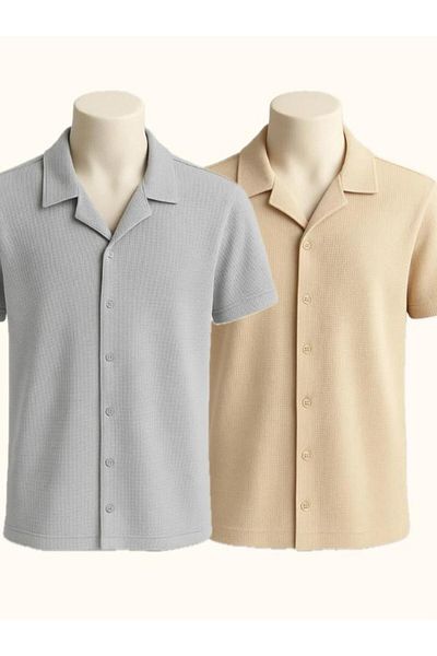 LC Waikiki 2-Piece Advantageous Waffle Fabric Iron-Free Short-Sleeved Button-Up Summer Premium Men's Shirt