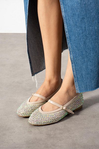ShoeTek Gayz Women's Ballerina Flat Front Strap Full Stone Beige